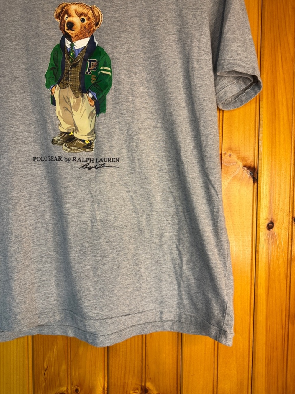 Vintage Polo by Ralph Lauren Gray Tee with Polo Bear in Green Jacket - Picture 7 of 13